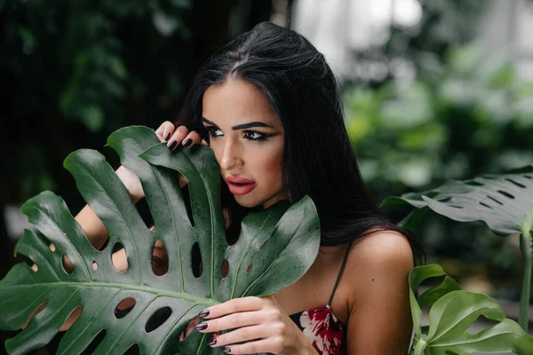 Young Beautiful Brunette Posing Dense Thickets Jungle Rainforest Spa — Stock Photo, Image