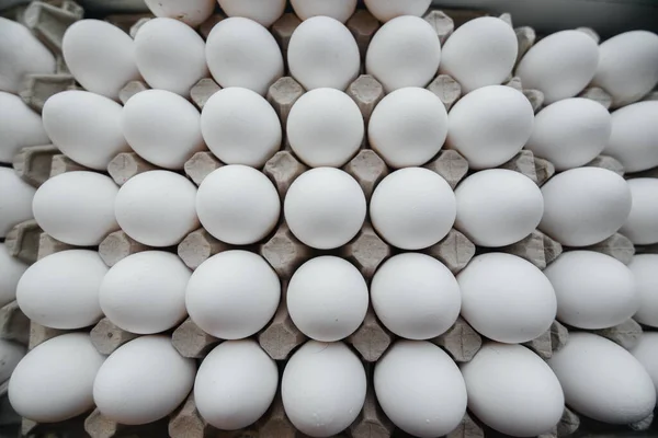 段ボールの形で白い新鮮な卵のクローズアップのトレイ — ストック写真