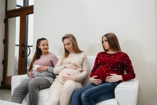 Pregnant Girls Sit Couch Have Fun Chatting Each Other Pregnancy — Stock Photo, Image