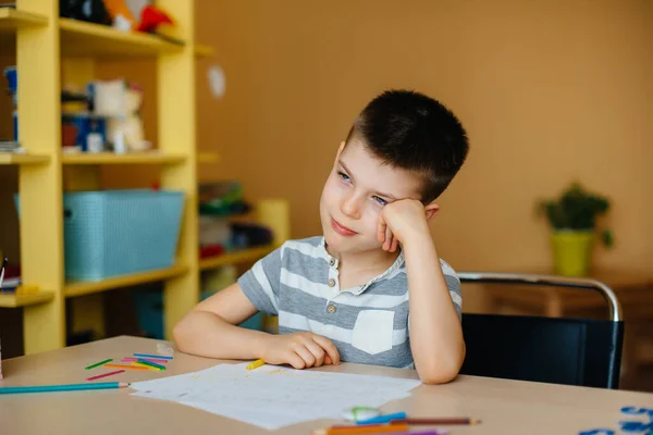 School Age Boy Does Homework Home Training School — Stock Photo, Image