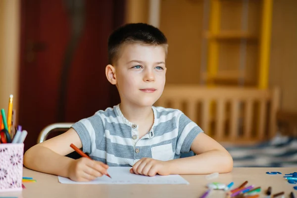 School Age Boy Does Homework Home Training School — Stock Photo, Image