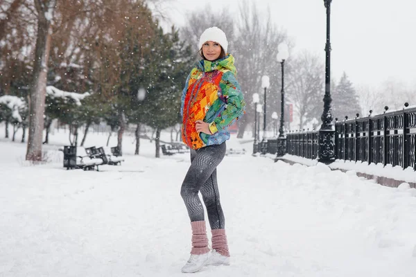 Young Athletic Girl Poses Frosty Snowy Day Fitness Running — Stock Photo, Image