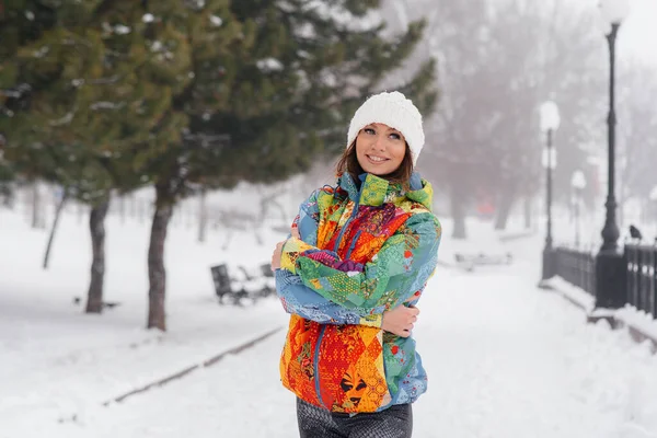 Young Athletic Girl Poses Frosty Snowy Day Fitness Running — Stock Photo, Image