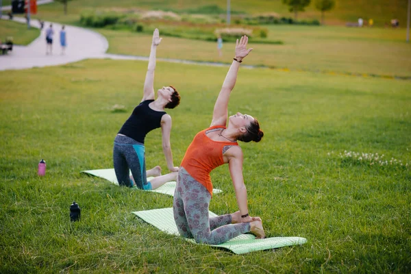 Las Chicas Jóvenes Hacen Yoga Aire Libre Parque Durante Atardecer — Foto de Stock