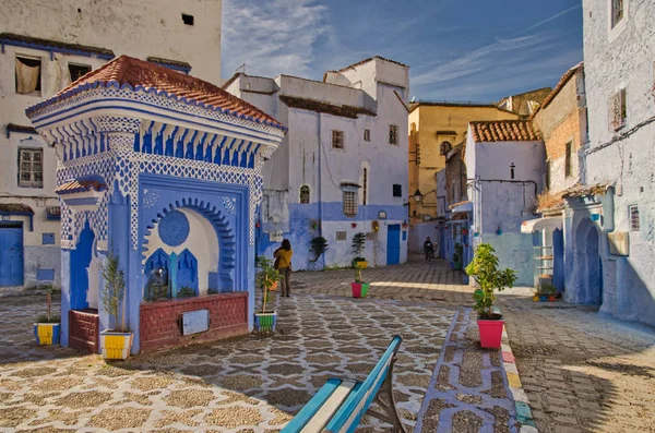Chefchaouen Mavi Şehirde Meydanın Güzel Görünümü Fas Mavi Inci — Stok fotoğraf