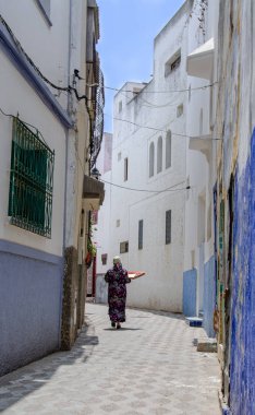 Asilah, Fas 'ta geleneksel beyaz berber evleri. Asilah, Kuzey Fas 'ta bir şehirdir. Asilah 'ın binaları beyazın gölgesinde kalmıştır. 