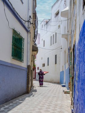 Asilah, Fas 'ta geleneksel beyaz berber evleri. Asilah, Kuzey Fas 'ta bir şehirdir. Asilah 'ın binaları beyazın gölgesinde kalmıştır. 