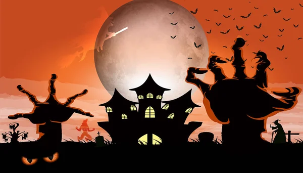 Šťastný Halloween svátek. Halloweenské dekorace, dýně, netopýři, duchové na oranžovém pozadí. Blahopřání k Halloweenskou párty s prostorem pro kopírování. Plochá, vrcholové zobrazení, režie — Stock fotografie