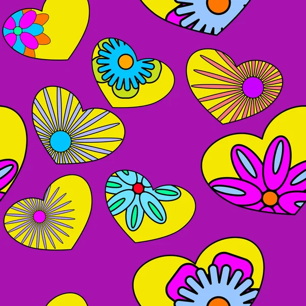 Fleurs Colorées Coeurs Jaunes Sur Fond Violet Motif Sans Couture — Image vectorielle