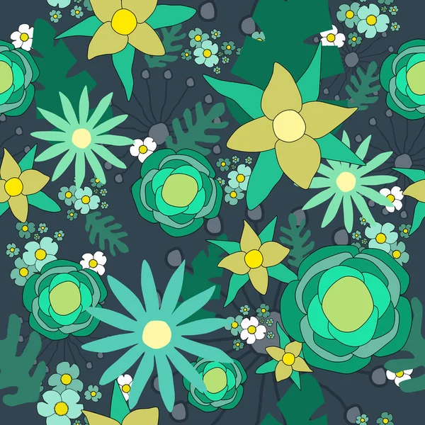 Πράσινα Και Κίτρινα Λουλούδια Ένα Απρόσκοπτο Μοτίβο — Διανυσματικό Αρχείο