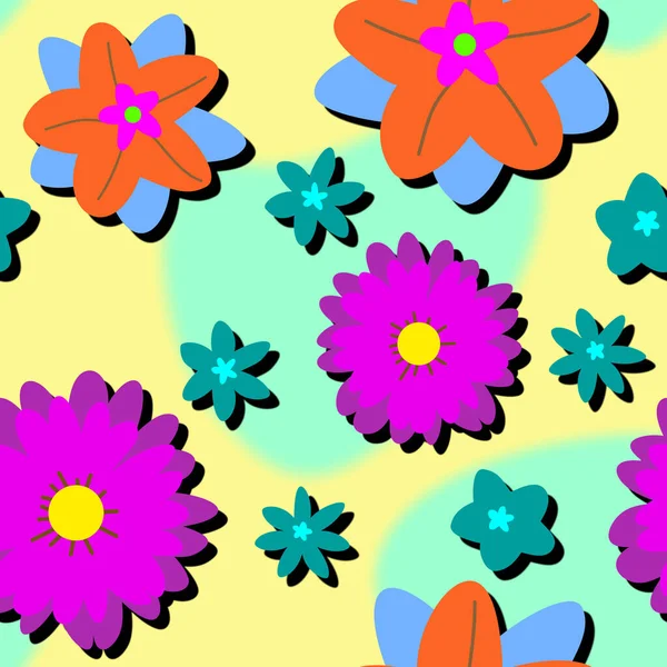 Sarı Mavi Arkaplanda Renkli Çiçeklerle Kusursuz Desen — Stok Vektör