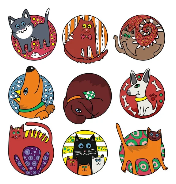 Üç sevimli renkli köpek ve kedi. Yaratıcı çocuksu doku. Çizgi filmler, vektör illüstrasyonu.