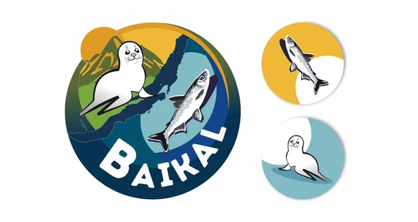 Logo Van Het Baikalmeer Waar Zeehond Woont Zijn Veel Vissen — Stockvector