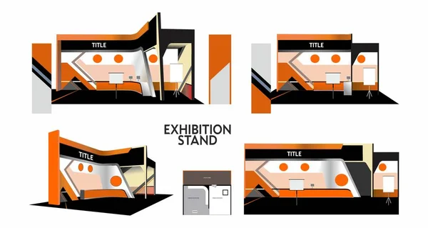 Sergi standının eşsiz yaratıcı tasarımı. Ticaret standı şablonunun gerçekçi düzeni. 3d vektör illüstrasyonu.
