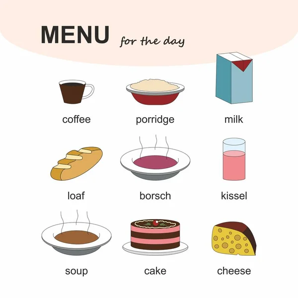 Günün menüsü. Sağlıklı ve lezzetli yemekler. vektör