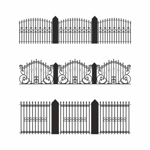 Çeşitli basit modüler metal çit siluetleri. Yatay olarak dikişsiz metal çit elementleri. İnşaat metalinden, demirden ya da çelikten yapılmış siyah çit siluetleri. Vektör.