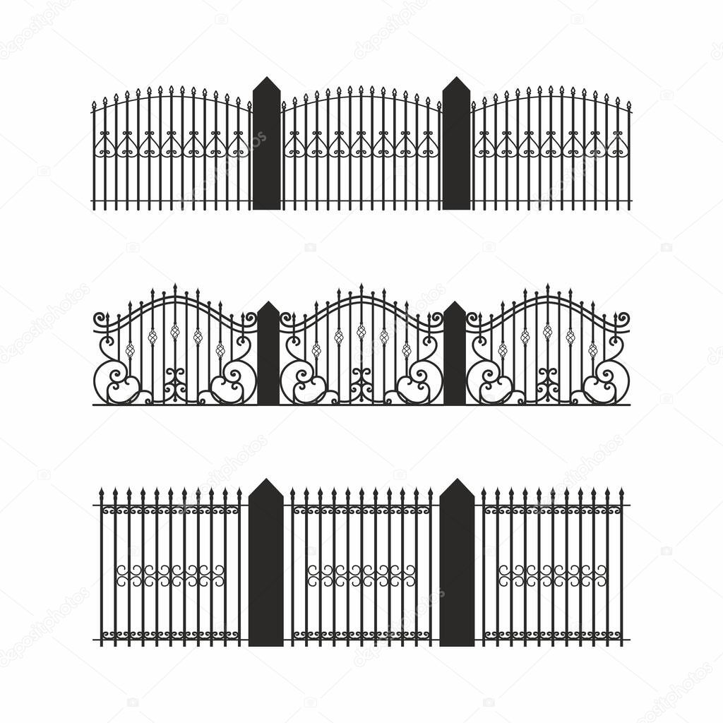 A set of various simple modular metal fence silhouettes. Horizontally seamless metal fence elements. Black silhouettes of fences made of construction metal, wrought iron or steel. Vector.