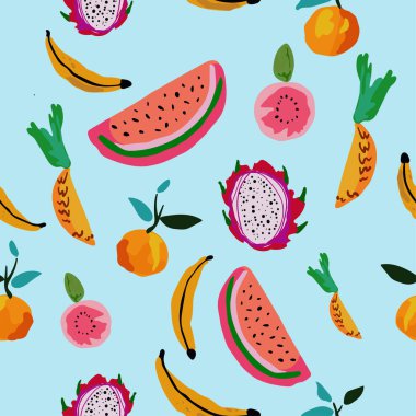 Karpuzlar, ananaslar, muzlar, pitaya, mavi arka planda mandalinalar