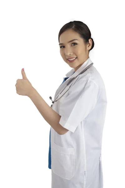 Side View Female Doctor Uniform Show Her Thumb Excellence Medical — Stock Photo, Image
