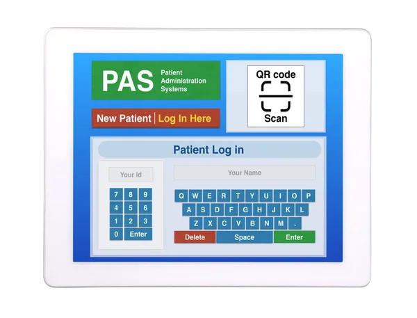 Patient administration system application showing on digital tablet screen on white background.