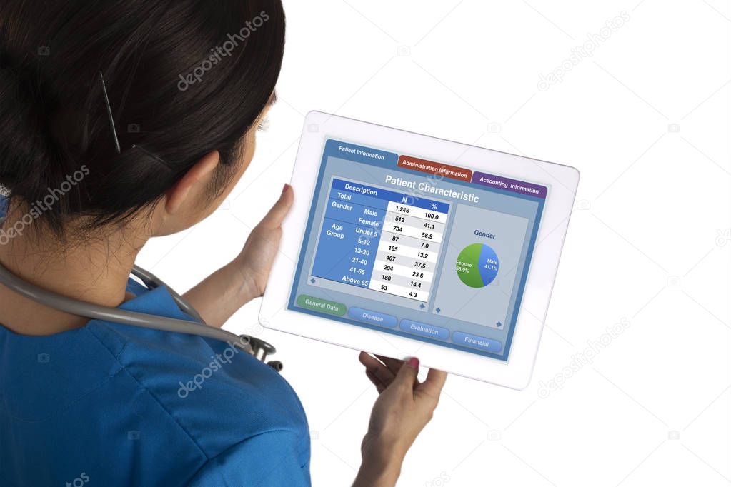 Female doctor holding digital tablet showing patient statistics summary on white background.