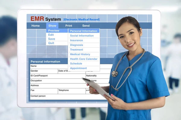 Smiling Female Doctor Blue Uniform Holding Digital Tablet Background Tablet — Stock Photo, Image