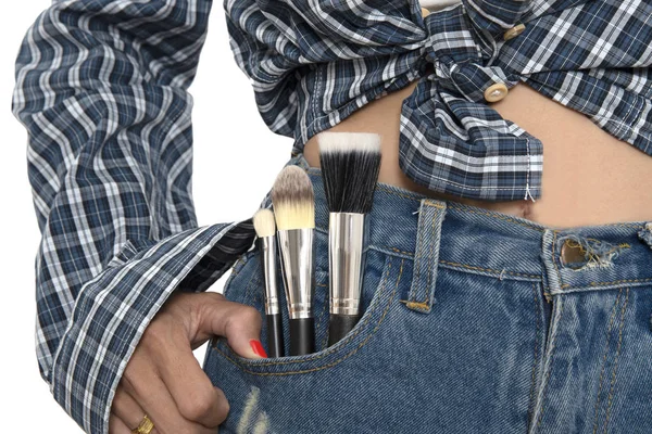 Closed Photo Girl Makeup Brushes Front Pocket Blue Jean White — Stock Photo, Image