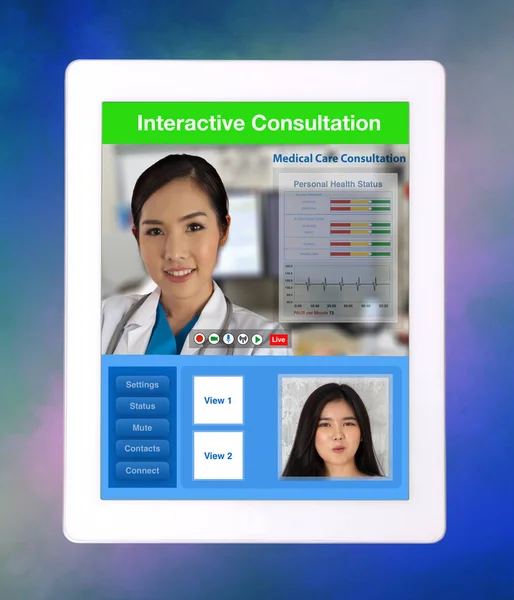 Tecnología Médica Consulta Médica Distancia Entre Médico Paciente Muestran Tableta — Foto de Stock