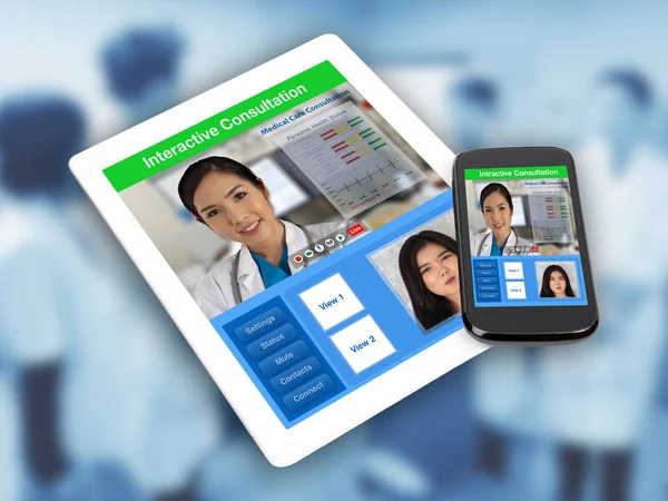 Doktor ve hasta arasındaki mesafe Tıbbi Danışma göster dijital tablet ve akıllı telefon.