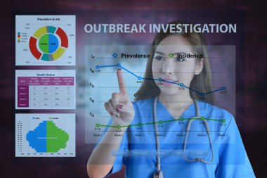 Kadın doktor veri analizi salgını soruşturma için çalışma.