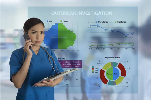 Kadın doktor göz üstünde hareket eden telefon ile sağlık istatistikleri tablo ve grafik arka plan üzerinde konuşurken çok ciddi.