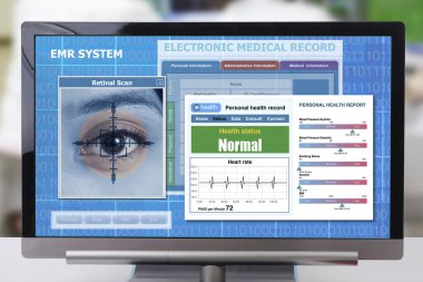 Patient retinal scan to search medical record and health information show on computer monitor. clipart