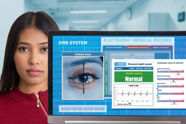Female Patient Being Retinal Scanned Searching Medical Record Health Information — Stock Photo, Image