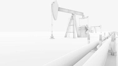 Oil field, pumpjacks and pipelines. White material digital render concept. clipart