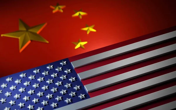 Американский Флаг Перед Китайским Флагом Блестящий Металлический Эффект Рендеринга — стоковое фото
