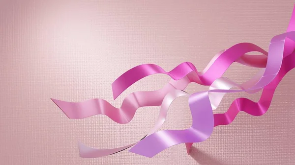 若い女性らしいデザイン 赤ちゃんピンクの背景にサテンピンクと紫色のリボン 3Dデザイン — ストック写真