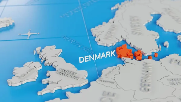 デンマークは白い単純化された3D世界地図を強調した デジタル3Dレンダリング — ストック写真
