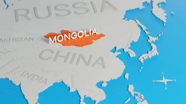 Mongolia Destacó Mapa Del Mundo Simplificado Blanco Renderizado Digital — Foto de Stock