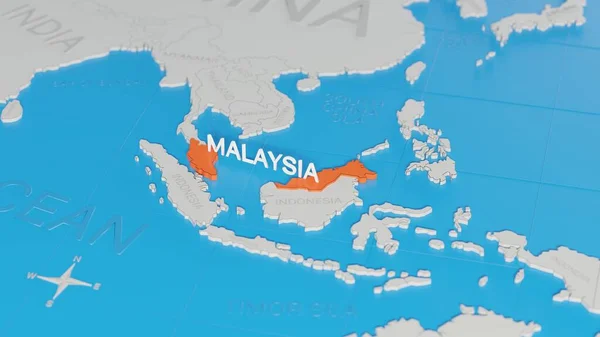 マレーシアは白い単純化された3D世界地図を強調した デジタル3Dレンダリング — ストック写真