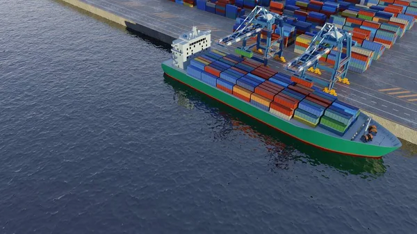 Guindastes Portuários Carregar Contentores Num Navio Carga Porto Vista Elevada — Fotografia de Stock