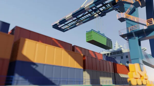 Kikötői Daruk Konténereket Rakodnak Egy Teherhajóra Kikötőben Digitális Render — Stock Fotó