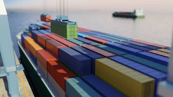 Kikötői Daruk Konténereket Rakodnak Egy Teherhajóra Kikötőben Digitális Render — Stock Fotó