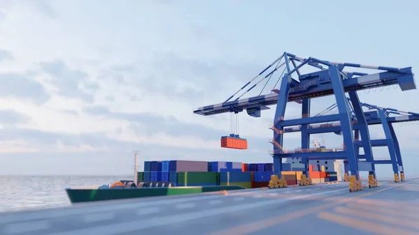 Kikötői Daruk Konténereket Rakodnak Egy Teherhajóra Kikötőben Döntetlen Váltás Effektus — Stock Fotó