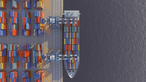 Portaalkranen Laden Containers Een Vrachtschip Haven Zenithal Uitzicht Digitale Weergave — Stockfoto