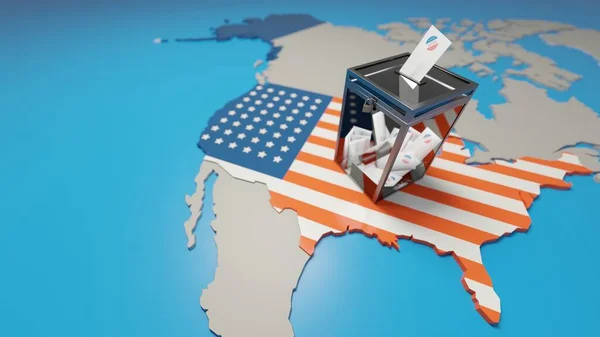 美国大选中 票箱翻过了一张星条旗斑斑的美国地图 负空间的抽象概念背景 数字3D渲染 — 图库照片