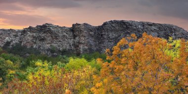 Sonbaharda Ukrayna'da Proval Bozkır doğa rezerv Kraliyet kayalar, sararmış ağaçlarla çevrili