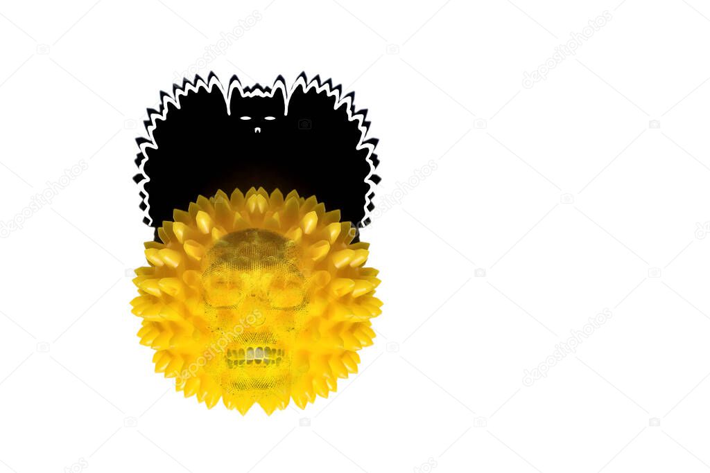 Abstract image of coronavirus. A yellow ball with the silhouette of a skull and a crown in the form of a bat are located on a white background.  