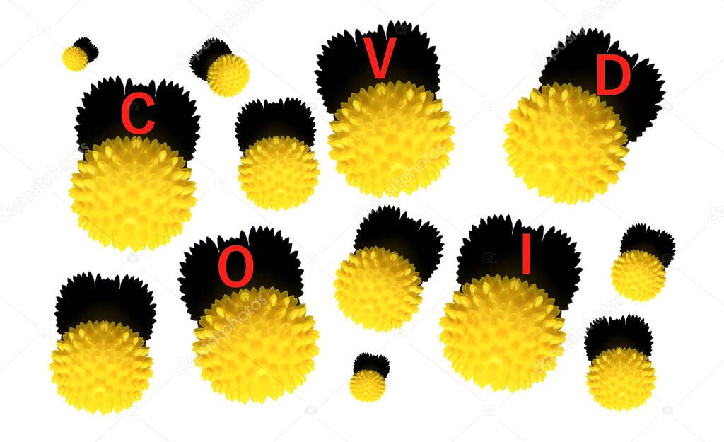 Abstract image of coronavirus. A yellow spiked balls  with black crowns in the form of a bat and red hazard warning text are located on a white background.