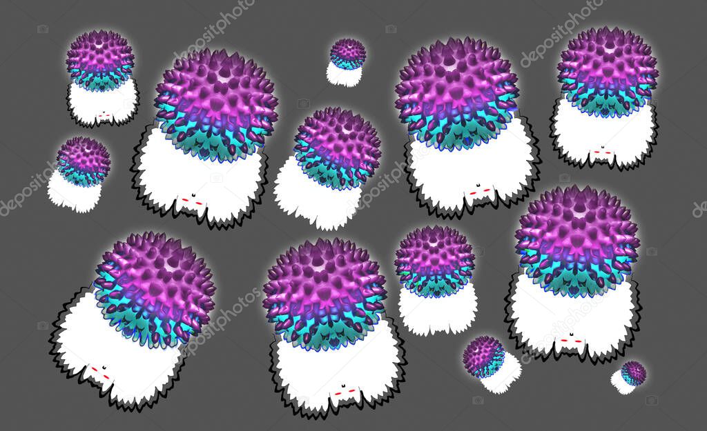 Abstract image of coronavirus. A purple-malachite spiked balls  and its white shadows in the shape of a bat are located on a gray background. 