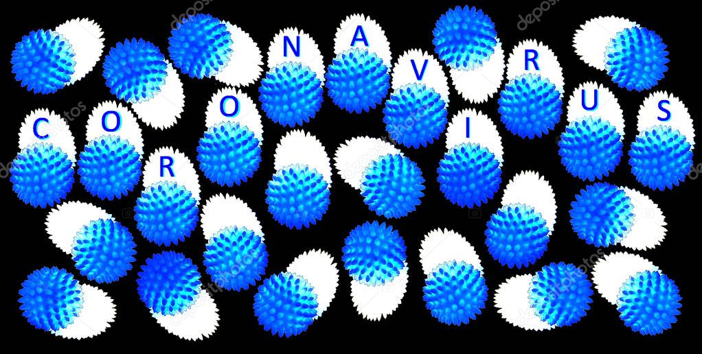 Abstract image of coronavirus. A blue spiked balls  with white crowns and hazard warning text are located on a black background. 
